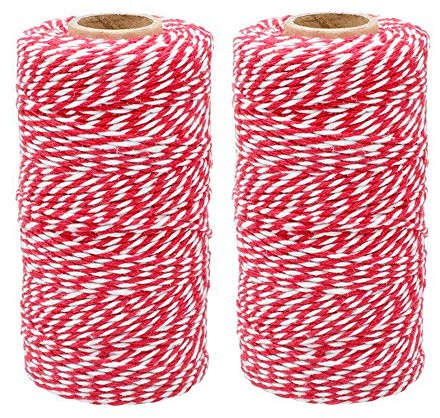 G2PLUS 200M Spago Natalizio Cordoncino Cotone Baker’s Twine Spago Bianco Rosso Natale,Decorativo Spago,per Cucina Cottura Natale Confezionamento Regalo