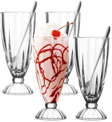 binsakao 4 Pack Milkshake Glass with 4 Long Metal Spoons, Old Fashioned Soda Glasses, Fountain Classic Glass for Ice Cream (342ml, Clear)