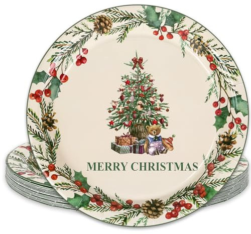 Whaline Weihnachtspappteller Weihnachtsbaum Einwegteller Mistelzweig Kranz Xmas Geschirr Teller Set 22,9 cm für Winter Urlaub Party Supplies Tischdekoration, 24 Stück