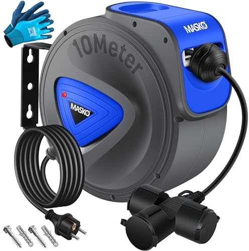 MASKO® Automatik Kabeltrommel Verlängerungskabel 10m mit 3-Fach Anschluss 180° drehbar 1,5m Zuleitung Wandhalterung Werkstatt Kabelaufroller Automatisch Stromtrommel Schlauchaufroller Inkl. Handschuhe