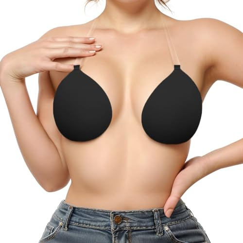 Invisible Adhesive Push-Up Bra Sticky Strapless Bra with Clear Halter Neck Strap for Backless Dresses/Tops(D413-Black-B