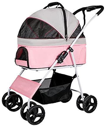 Hundebuggys Premium-Haustierbuggy für mittelgroße Hunde, faltbarer 4-Rad-Katzenbuggy für 2 Katzen, Hundekinderwagen, Buggys für kleine Hunde, atmungsaktiver Hundebuggy (Hellgrau) (Pink)