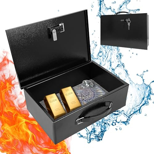 YIYITOOLS Fireproof Lock Box for Documents, Fire Resistant Safe Fire Safe Box with Dual Combination and Key Lock Document Box with Carrying Handle for Personal Items Jewelry Money, Black