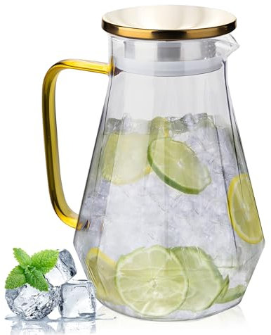 Nuscen Glass Water Jug with Lid, Boroscillate, 2L-67OZ Pitcher for Fridge & Hot Beverages for Juice jugs, Heat-Resistant Carafe with Drip-Free Spout & Stainless Steel Lid,Juice, Iced Tea & Cocktails