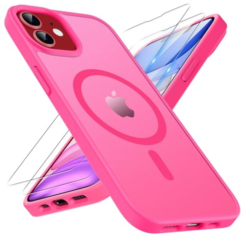 TQIAHF Magnetic Phone Case Cover for iPhone 11,Rose Red | with 2 Tempered Glass Screen Protector Compatible with MagSafe Military Grade Shockproof Protective Slim Translucent Matte