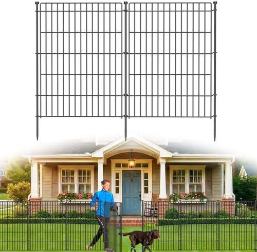 10 Panels No Dig Garden Fence with Gate, 44in(H) × 23.6ft(L) Decorative Metal Outdoor Dog Fence, Rustproof Pet Fencing for Yard, Patio, Flower Bed -Temporary Fencing| Easy to Install