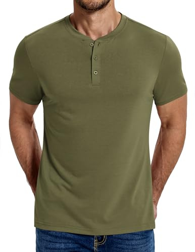 COOFANDY Henley T Shirt Mens Grandad Style T Shirts Button Up Casual Summer Tops for Men UK Army Green S