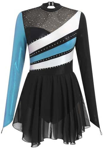 FYMNSI Damen Eiskunstlauf Kleid, Glitzer Metallic Langarm Ballettkleid mit Kristallen Ballettkleidung Gymnastik Leotard Turnanzug Tanzkost�m Tanzkleider Gymnastikanzug Blau S