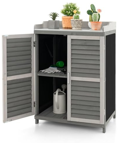 RELAX4LIFE Armadio da Esterno in Legno e Metallo con Piano Zincato, 2 Ripiani e Ante a Doghe, Porte Avvolgibili, Ideale per Terrazzo, Balcone o Giardino (67×47×100 cm)