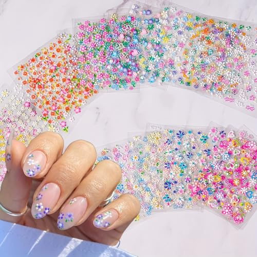 CUBLIVE 30 Sheets Flower Nail Stickers Colorful 3D Self Adhesive Cute Daisy Floral Nail Decals Heart Nail Art Charms for DIY Design (ST-F)