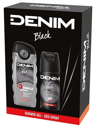 Denim - Regalo Uomo, Docciaschiuma 250 ml e Deodorante Spray 150 ml, Fragranza Black, Azione Detox e Purificante
