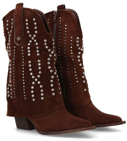97093 Botin Cowboy para Mujer con Diseno campero. Tachuelas metalicas, Punta Fina y Tacon. Ideal para la Temporada Otono Invierno. Cafe Talla 37