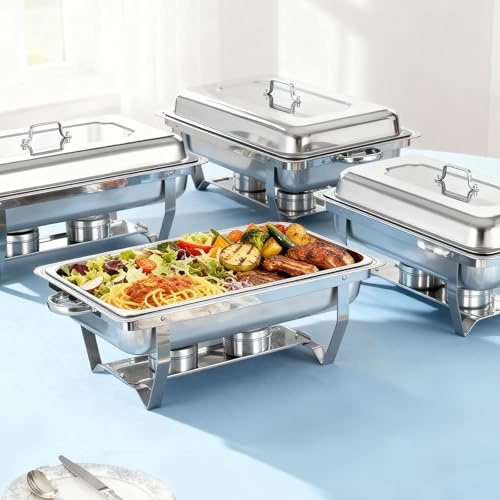 XYJBHB Chafing Dishes for Buffet, 9L 4 Pack Chafing Dish Buffet Set, Stainless Steel Buffet Food Warmers Sets for Catering Events Parties Dinners, Silver, Full Size