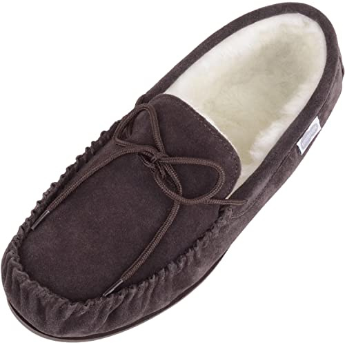 SNUGRUGS Mocassini in pelle scamosciata, con fodera in lana e suola rigida Uomo, Marrone (Dark Brown), 45 EU