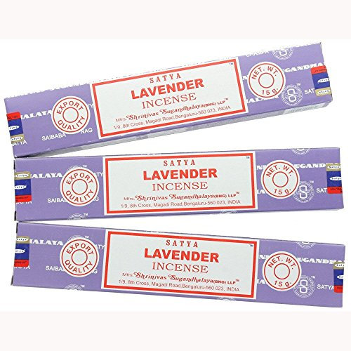3 paquetes de varillas de incienso Satya Nag Champa de lavanda de 15 g con insignia de recuerdo de Sterling Effectz
