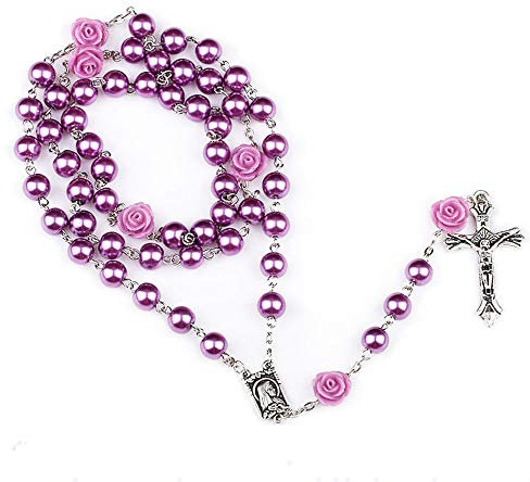Fontee® Katholische Halskette für Frauen, Kreuz Halskette Lila Katholische Rosenkranzperlen Jesus Anhänger, Bestes Geschenk für Ostern, Erntedankfest und Weihnachtstag, Lila