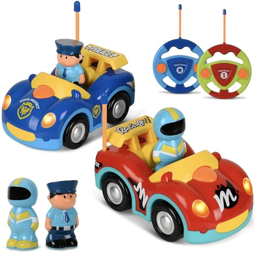Haktoys Remote Control Cars for Toddlers, 2 Pack Police & Race Car Toy Set with Different Frequency for 2 Player Racing, Toddler Remote Control Car Toys for Boys and Girls