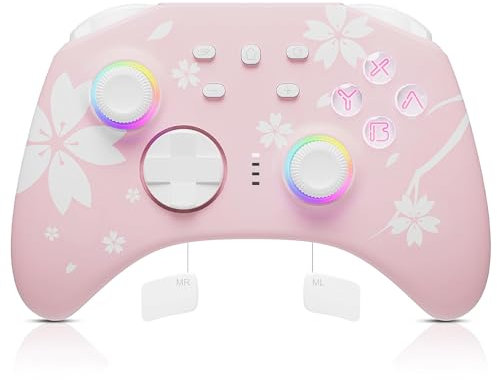 Mytrix Manette Pro sans Fil pour Switch/Switch Lite/Switch OLED, Bluetooth Contrôleur Manette avec Prise Casque, Turbo, Fonction de Réveil, 6-Axis Gyro, Vibrations Réglables, Sakura Rose