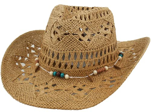 Cappello Estivo da Uomo in Carta Paglia, Cappello da Cowboy da Donna con Fascia, Cappello da Cowboy Unisex (XH-117 Marrón)