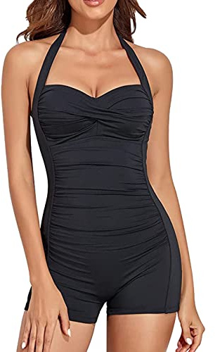 SUGSHYN Costume Intero Donna Controllo della Pancia Vintage da Bagno Un Pezzo Boyshorts Contenitivo Classico Halter Curvy Monokini Arricciature Beachwear Mare Piscina e Spiaggia Nero L
