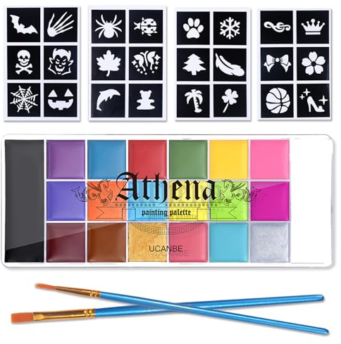 UCANBE Pintura Facial 20 Colores con 24 Plantillas y 2 Pinceles - Pintacaras Seguro, Impermeable - Pintura Corporal Maquillaje de Halloween, Carnaval, Belly Painting
