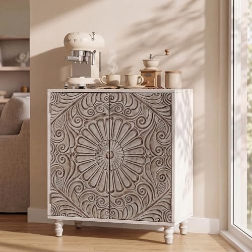 COSIEST 32 W Sideboard Buffet Cabinet with Storage, Accent Cabinet with 2 Push-to-Open Magnetic Doors, Vintage MDF Buffet Table for Living Room, Kitchen, Hallway (Gray,Flower Pattern)