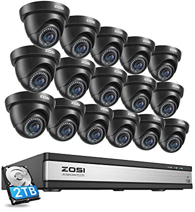ZOSI 16CH 1080P Kit Caméra de Surveillance Extérieur, 5MP Lite DVR avec Disque Dur 2 to, 16pcs Caméra Dôme 2MP, Détection de Mouvement et Alerte Instantanée, Vision Nocturne IR de 24 m