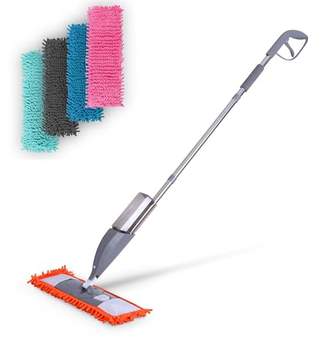 Set di spazzole per pavimenti con funzione spray, con 4 rivestimenti di ricambio – mocio a 360 gradi giunto per tutti gli angoli – Comfort detergente per pavimenti