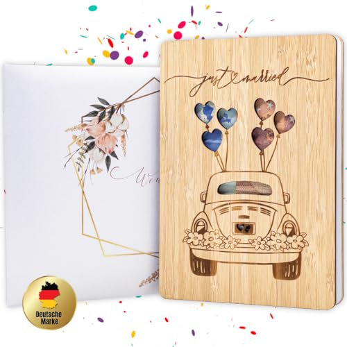 PARBOOLY - Hochzeitskarte edel aus Holz mit Umschlag, Geldgeschenk Hochzeit, Glückwunschkarte für Hochzeitsreise, „just married“, Hochzeitsgeschenk Geld schön verpackt für das Brautpaar