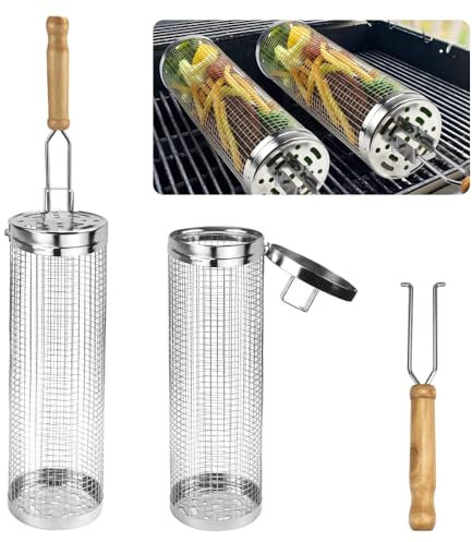 DTYGUIXE 2 PCS Panier à Griller Roulant Paniers À Griller Cylindriques Paniers de Grillage Enroulable Panier de Barbecue en Acier Inoxydable Panier À Légumes pour Grillades en Plein Air pour Légumes
