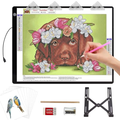Leuchttisch A4,36×27CM Leuchtplatte mit Ständer und Clips,Ultra-Thin diamond painting leuchttisch,Super hell lightbox für Zeichnen, Nachzeichnen, Skizzieren.Einstellbare Helligkeit light pad