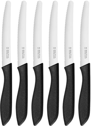targzier 6 Stück Frühstücksmesser,Tafelmesser mit Wellenschliff aus Edelstahl,Brötchenmesser,Tomatenmesser,Rostfreie,Eisgehärtete & Scharfe Messer,Spülmaschinenfest,schwarz