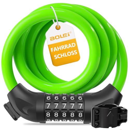 BOLEi Fahrradschloss mit Zahlencode 12mm/120CM,Anti-Diebstahl Fahrrad Kabelschloss mit 5-Stellig Code Kombination,Wasserdichtes Zahlenschloss Cable für Fahrrad,E-Bike,Kinderwagens,Leitern,Grills(Grün)