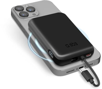 SBS Powerbank Akku-Pack 5000 mAh, kompatibel mit MagSafe, kabelloses Laden, integriertes USB-C-Kabel, USB-C-Anschluss, Status-LCD, universell für iPhone, Samsung, Xiaomi, Oppo, schwarz