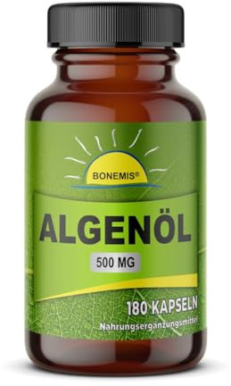 Algenöl Kapseln (vegane Alternative zu Omega-3-Fischölkapseln). 180 Softgelkapseln à 500 mg im Glas, Bonemis®