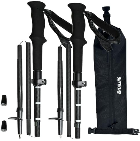 OKHEALING - Bastones de senderismo ultraligeros de fibra de carbono, juego de 2, plegables, retráctiles, bastones de senderismo con asas que absorben la humedad (L (115-135 cm)