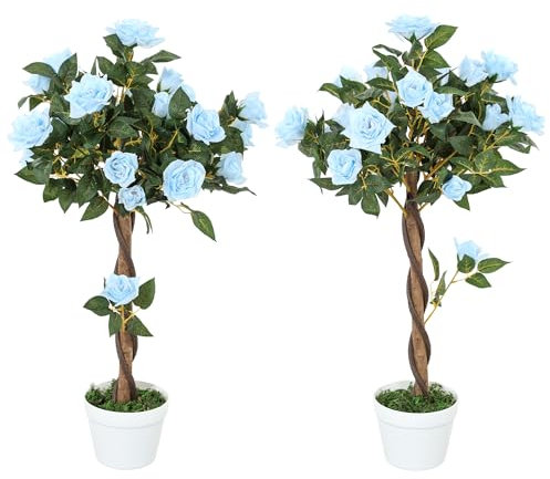 Outsunny Set of 2 90cm/3FT Artificial Rose Tree, Fake Decorative Plant with Pot, UV-Resistant Faux Tree for Outdoor Indoor Home Office Decor, Light Blue