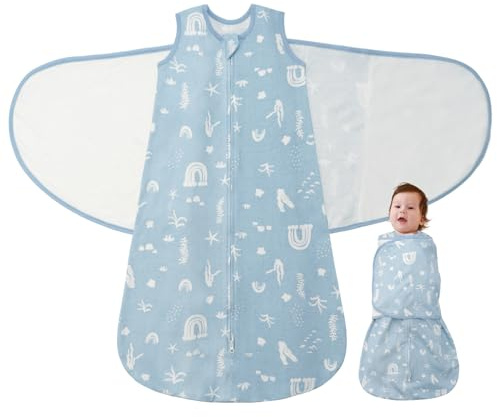 LILBESTIE Baby Sleeping Swaddle Bag 1.0 Tog 3-in-1 Adjustable Silent Hook Baby Swaddle Blanket Wrap 100% Cotton 6-12 Months, Seabed World
