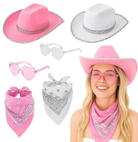 BFSYRR Cowboy Hat for Women,Cowboy Hat，2-Pack Cowgirl Hat, with White and Pink Styles, Cow Boy Hat for Themed Parties, Country Concerts, Halloween Costumes, and Festive Events