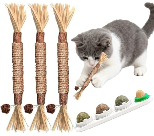 Barky Club Catnip & Silvervine Chew Toys Set: Natural Cat Licking Ball with 3 Dental Sticks for Indoor Cats - Teeth Cleaning, Teething Relief, Stress Reduction Cat Toys (White)