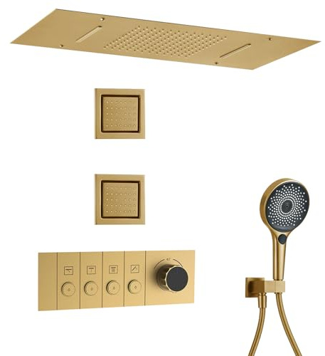 HKTHE Termostatisk duschpelare, HSS0646 moderna pianotangenter infällda duschsystem, regn, vattenfall 630 x 330 mm takäpple, 2 120 x 130 mm sidomunstycken, 59 A mässingsventil