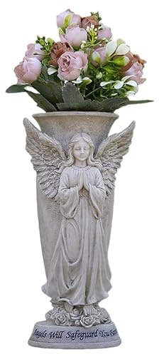 Guardian Angel Memorial Vase, Decorative Cemetery Flower Holder with Ground Spikes, Praying Angel Design with Rose Base, Headstone Grave Decor (White)