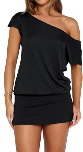 LEEDYA Women Off The Shoulder Mini Dress Sexy Short Sleeve Bodycon Dresses | Asymmetrical Neck Solid Top Dress, Summer Y2k Short Sleeve Off The Shoulder Dress,Elegant Off Shoulder Cocktail Party Dresses