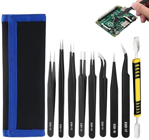 Kit de 10 Pinzas de Precisión ESD Anti-estática | Acero Inoxidable con Fundas Protectoras | Ideal para Electrónica, Laboratorio, Joyería y Reparación de Herramientas - Color Negro