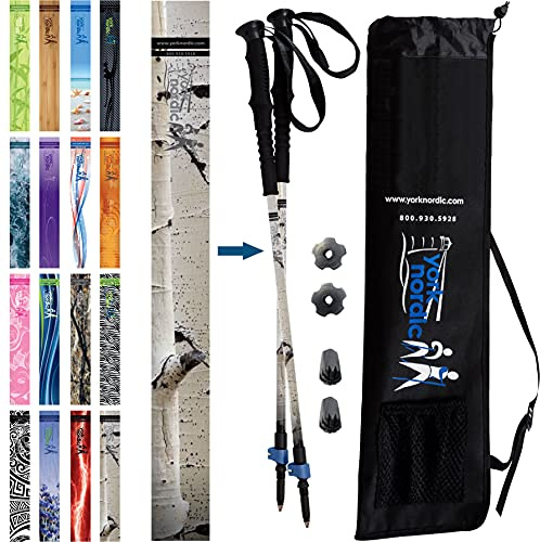York Nordic Hiking & Walking Poles - Cushion Foam Hiking Grips - Lightweight, Adjustable, and Collapsible -2 Pieces Adjustable w/flip Locks, and Travel Bag (White Birch) - Heights 5'4-6'2