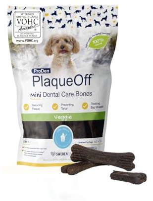 ProDen PlaqueOff Mini Kauknochen für Hunde Zahnpflege, Pack mit 20 Knochen, Dental Sticks für kleine Hunde, Dental Knochen für Plaque und frischen Atem, Gemüse