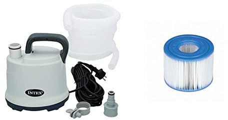 Bomba vaciado drenaje para piscinas INTEX con manguera 5 metros + 55000 Pack de 2 cartuchos SPA tipo S1, altura de 7.5 cm y diámetros de 10.8/4 cm