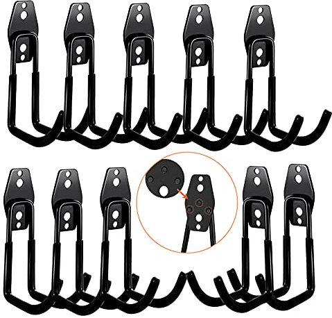 3-H Crochet Mural Garage 10PC, Rangement Garage,Crochet Mural en Acier Avec 3 Soudures au Lieu de 2 Plus Fortes pour Êchelle,Vélos,Tuyaux,Outils électriques(Noir)