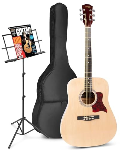 MAX SoloJam Akustik Gitarre Set - Westerngitarre, Notenständer, Gitarrentasche, Plektrum, Gitarrenstimmgerät, Schultergurt, Saiten, Gitarren-Starterset mit Zubehör - Natur