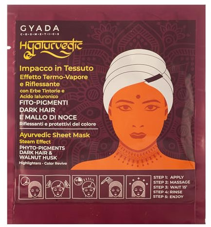 GYADA COSMETICS, Hyalurvedic Impacco Ayurvedico In Tessuto Riflessante Dark Hair, Trattamento Protettivo e Illuminante su Nuances Castane e Scure, con Cuffia a Effetto Termico, 60 ml